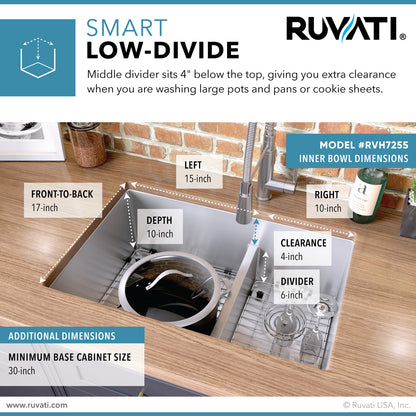 Ruvati 28-inch Low-Divide Undermount 60/40 Double Bowl Rounded Corners 16 Gauge Stainless Steel Kitchen Sink - RVH7255