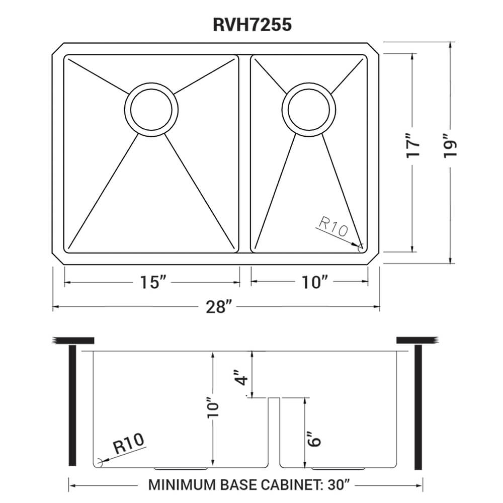 Ruvati 28-inch Low-Divide Undermount 60/40 Double Bowl Rounded Corners 16 Gauge Stainless Steel Kitchen Sink - RVH7255