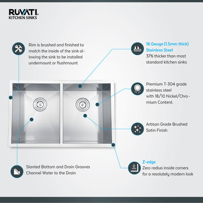 Ruvati 30-inch Undermount 50/50 Double Bowl Zero Radius 16 Gauge Stainless Steel Kitchen Sink - RVH7350