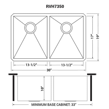 Ruvati 30-inch Undermount 50/50 Double Bowl Zero Radius 16 Gauge Stainless Steel Kitchen Sink - RVH7350