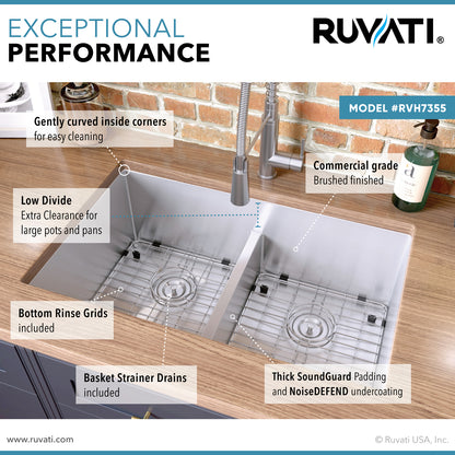 Ruvati 30-inch Low-Divide Undermount Rounded Corners 50/50 Double Bowl 16 Gauge Stainless Steel Kitchen Sink - RVH7355