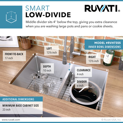 Ruvati 30-inch Low-Divide Undermount Rounded Corners 50/50 Double Bowl 16 Gauge Stainless Steel Kitchen Sink - RVH7355