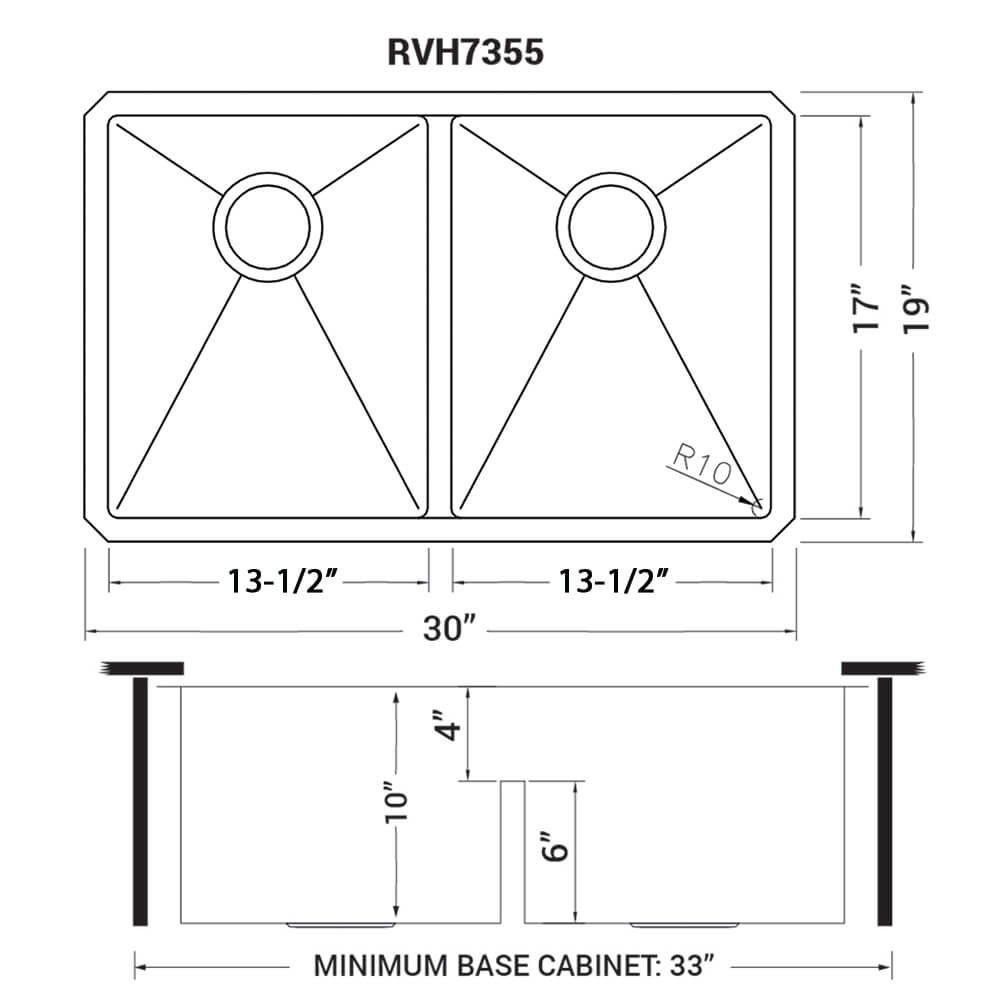 Ruvati 30-inch Low-Divide Undermount Rounded Corners 50/50 Double Bowl 16 Gauge Stainless Steel Kitchen Sink - RVH7355