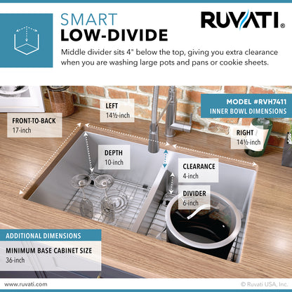 Ruvati 32-inch Low-Divide Undermount 50/50 Double Bowl 16 Gauge Rounded Corners Stainless Steel Kitchen Sink - RVH7411