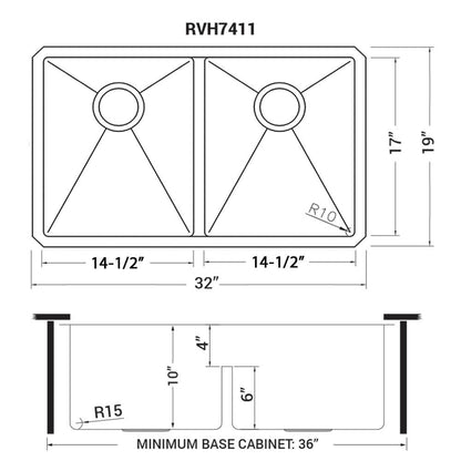 Ruvati 32-inch Low-Divide Undermount 50/50 Double Bowl 16 Gauge Rounded Corners Stainless Steel Kitchen Sink - RVH7411