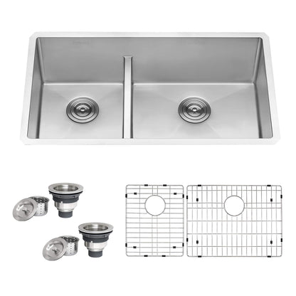 Ruvati 33-inch Low-Divide Undermount 40/60 Double Bowl 16 Gauge Rounded Corners Stainless Steel Kitchen Sink - RVH7418