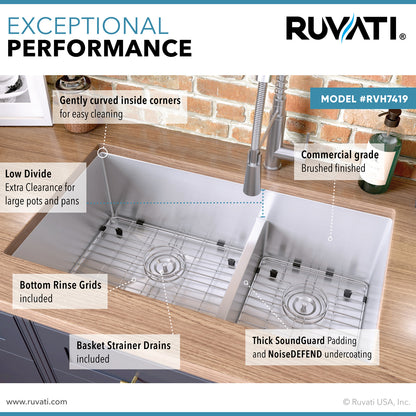 Ruvati 33-inch Low-Divide Undermount 60/40 Double Bowl 16 Gauge Rounded Corners Stainless Steel Kitchen Sink - RVH7419