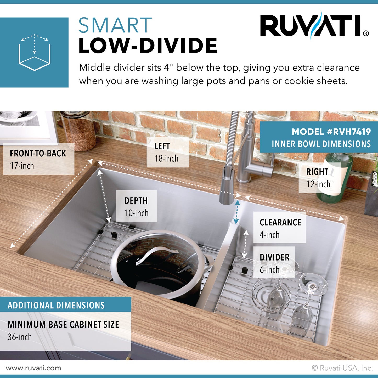 Ruvati 33-inch Low-Divide Undermount 60/40 Double Bowl 16 Gauge Rounded Corners Stainless Steel Kitchen Sink - RVH7419