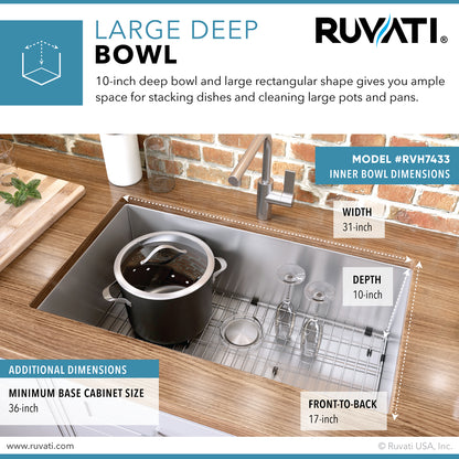 Ruvati 33-inch Undermount 16 Gauge Rounded Corners Large Kitchen Sink Stainless Steel Single Bowl - RVH7433