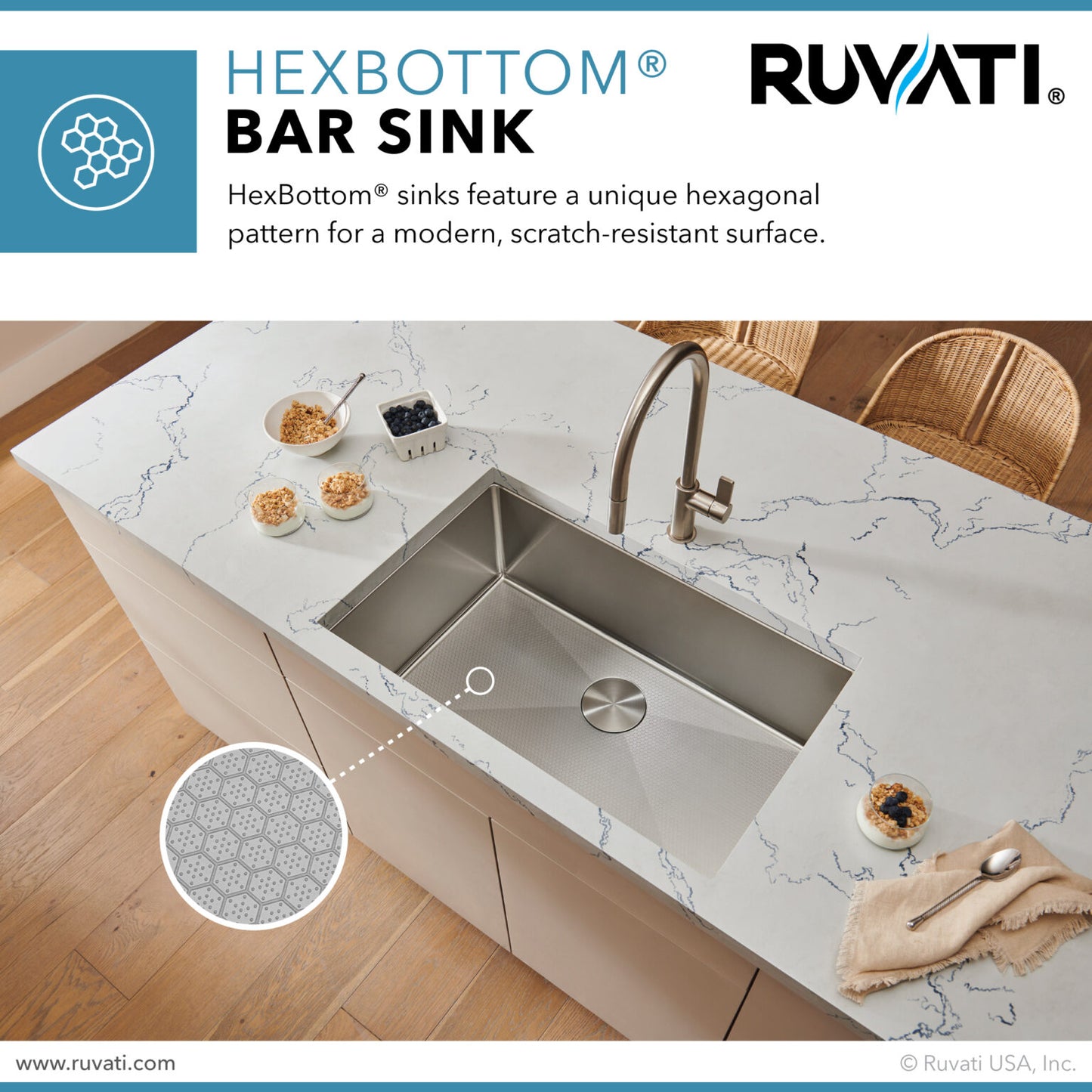 Ruvati Hex Bottom 30-inch Scratch Resistant Embossed Texture Kitchen Sink Stainless Steel - RVH7630