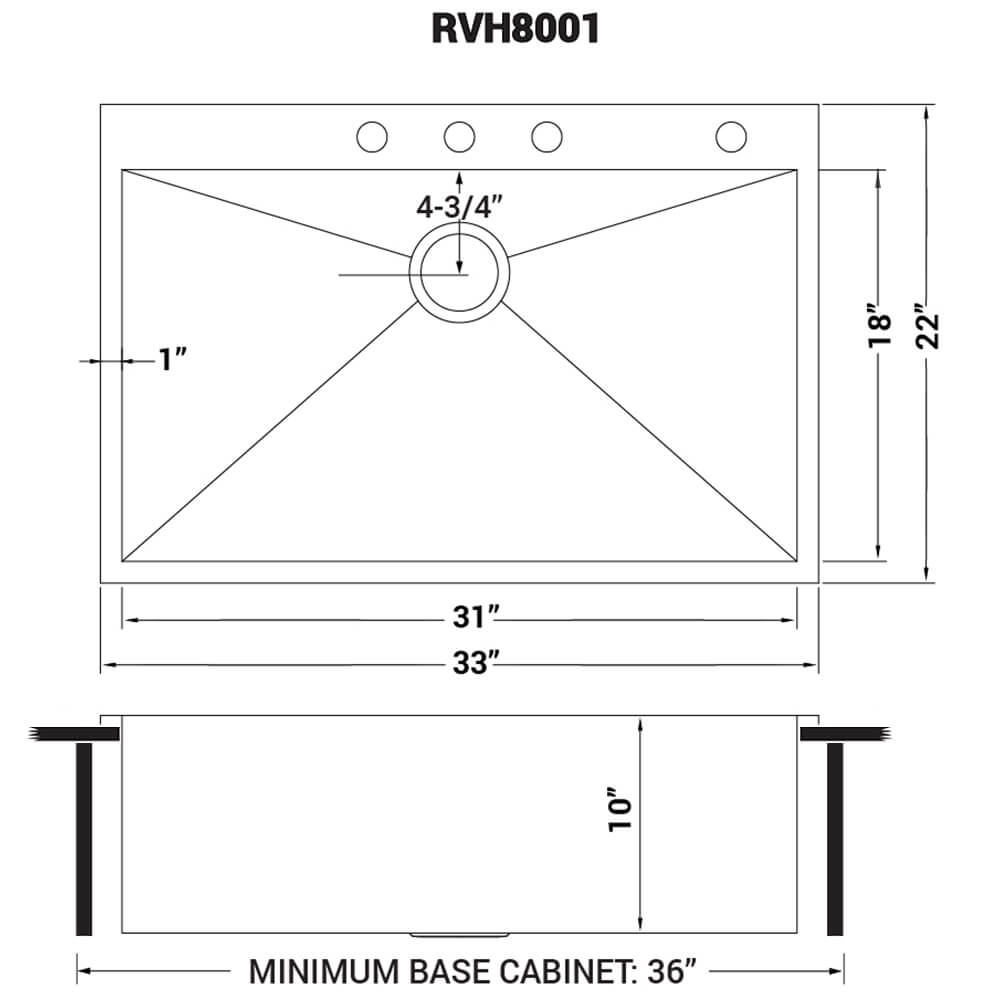 Ruvati 33 x 22 inch Drop-in Topmount 16 Gauge Zero Radius Stainless Steel Kitchen Sink Single Bowl - 4 holes - RVH8001