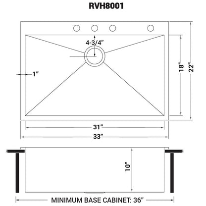 Ruvati 33 x 22 inch Drop-in Topmount 16 Gauge Zero Radius Stainless Steel Kitchen Sink Single Bowl - 4 holes - RVH8001