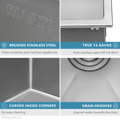 Ruvati 18 x 20 inch Drop-in Topmount Rounded 16 Gauge Stainless Steel Kitchen Sink Single Bowl - RVH8006