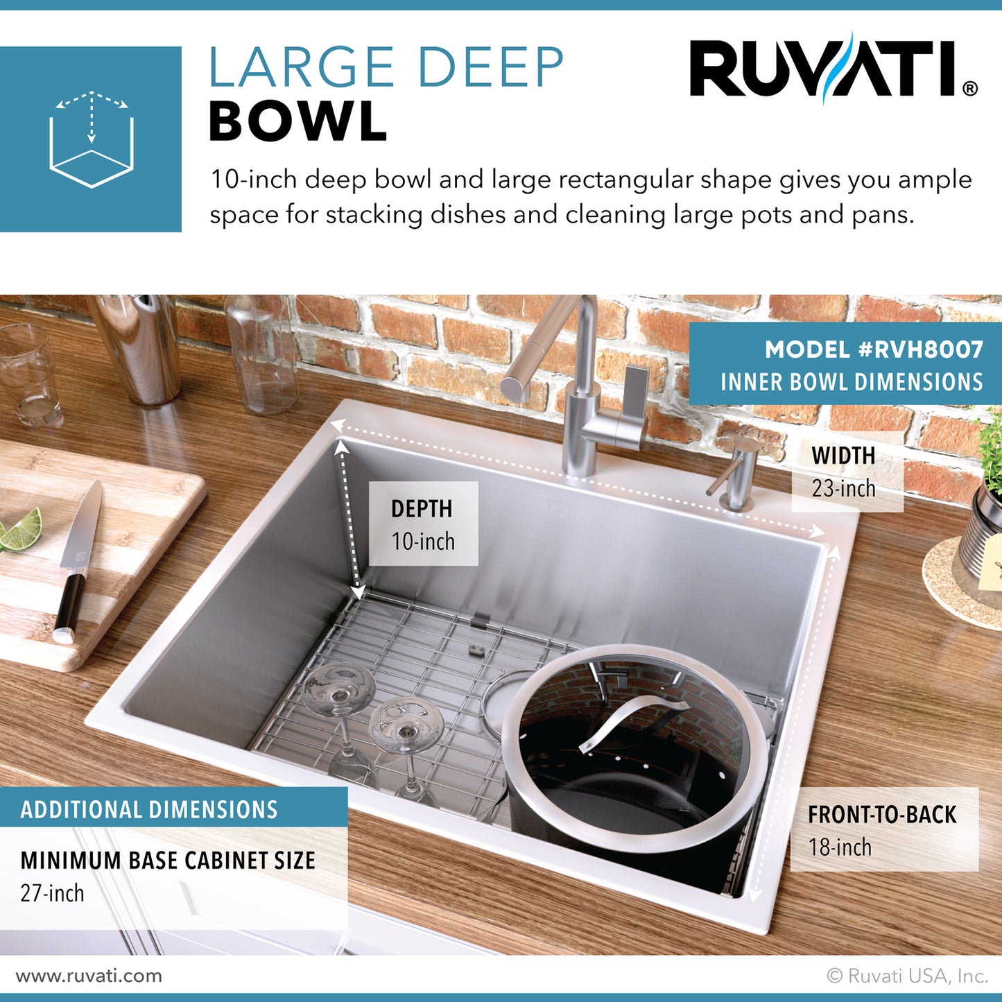 Ruvati 25-inch Drop-in Topmount 16 Gauge Stainless Steel Rounded Corners Kitchen Sink Single Bowl - RVH8007