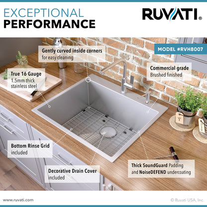 Ruvati 25-inch Drop-in Topmount 16 Gauge Stainless Steel Rounded Corners Kitchen Sink Single Bowl - RVH8007