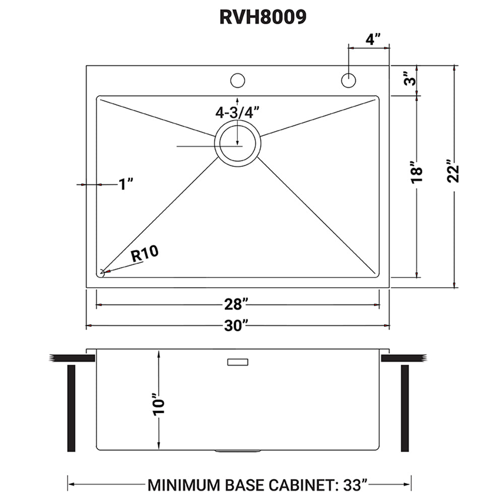 Ruvati 30 x 22 inch Drop-in Topmount 16 Gauge Stainless Steel Rounded Corners Kitchen Sink Single Bowl - RVH8009