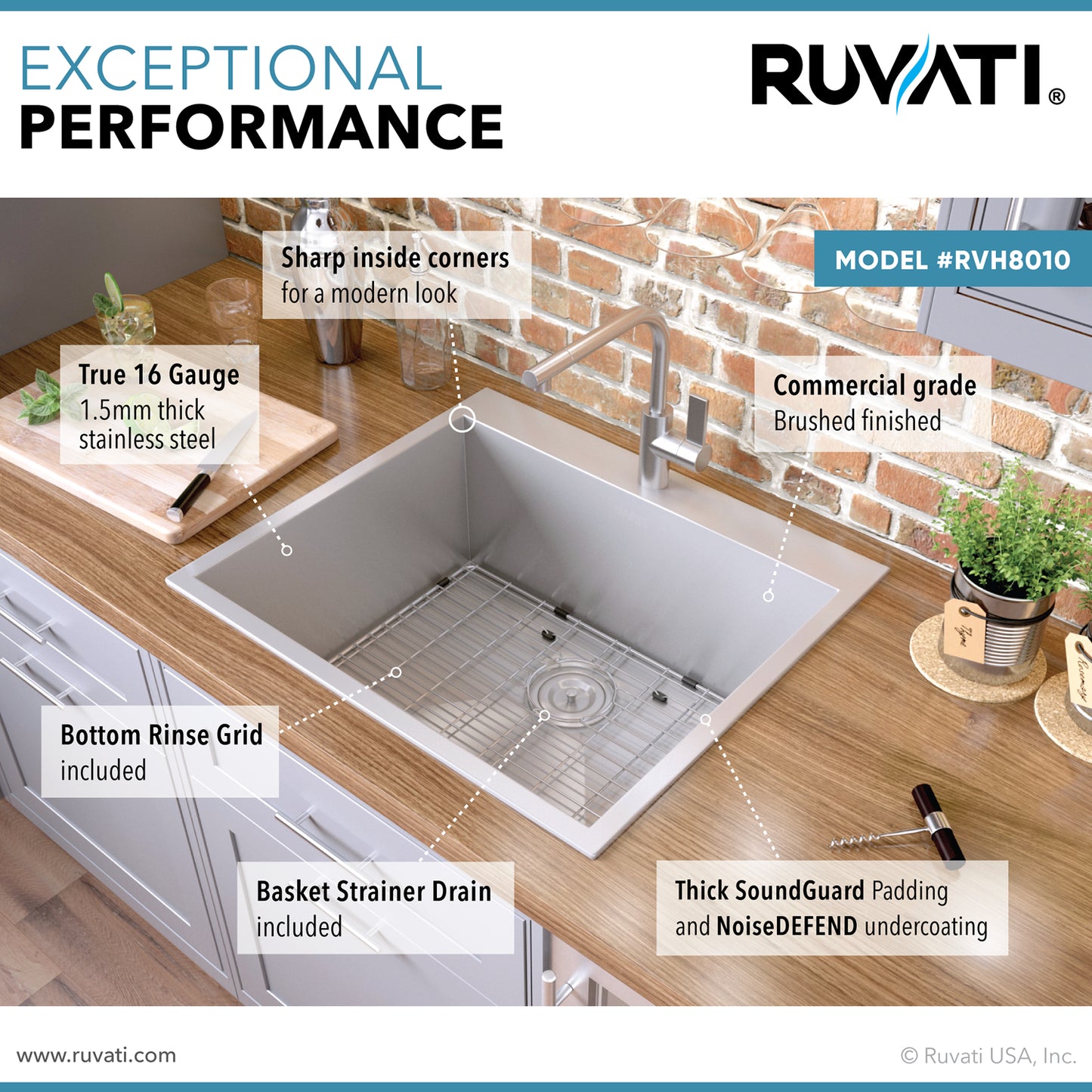 Ruvati 25" Drop-in Topmount 16 Gauge Stainless Steel Single Bowl Kitchen Sink - RVH8010