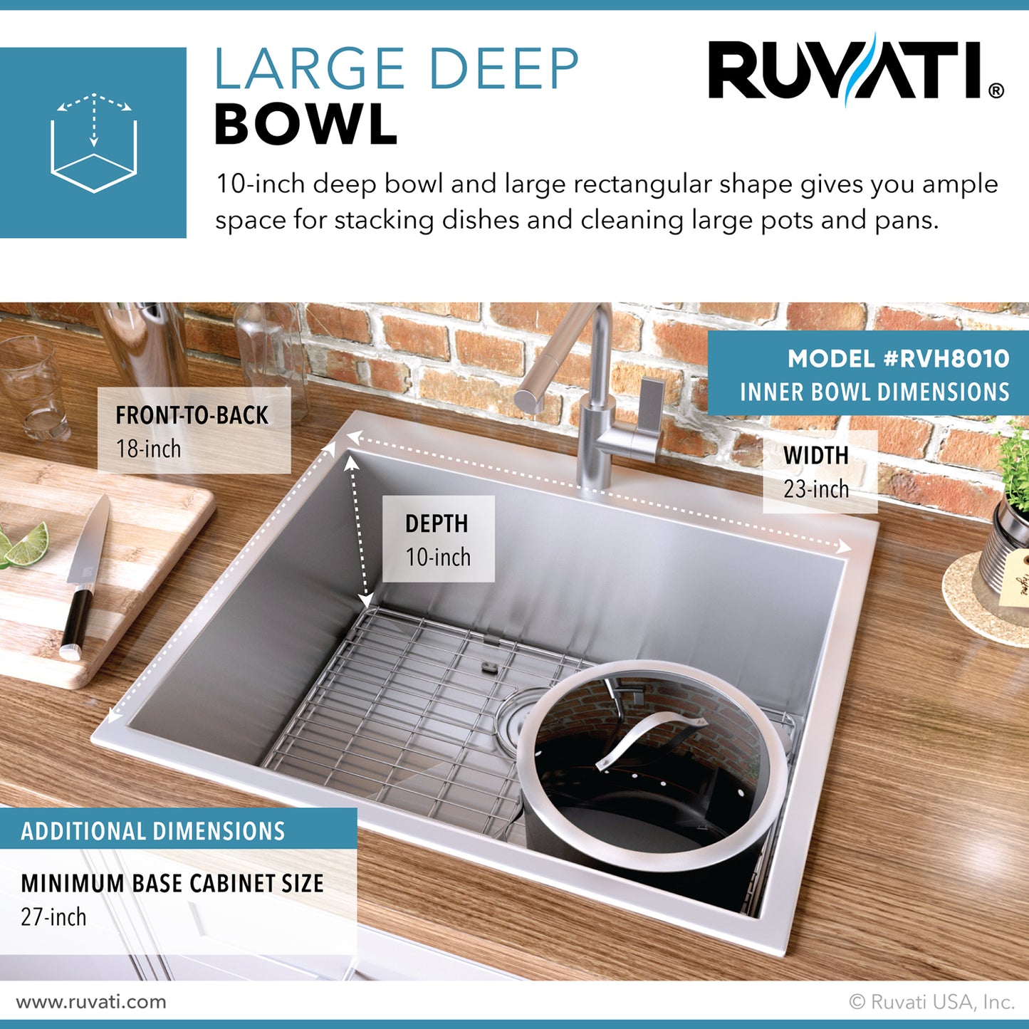 Ruvati 25" Drop-in Topmount 16 Gauge Stainless Steel Single Bowl Kitchen Sink - RVH8010