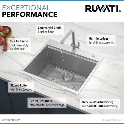 Ruvati 25 x 22 inch Workstation Drop-in Topmount 16 Gauge Stainless Steel Rounded Corners Ledge Kitchen Sink Single Bowl - RVH8023