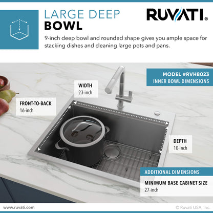 Ruvati 25 x 22 inch Workstation Drop-in Topmount 16 Gauge Stainless Steel Rounded Corners Ledge Kitchen Sink Single Bowl - RVH8023