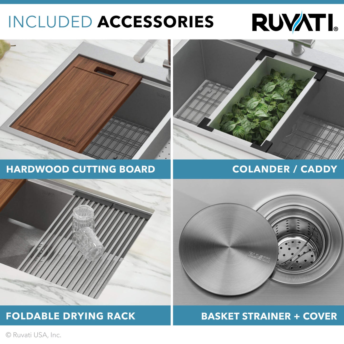 Ruvati 25 x 22 inch Workstation Drop-in Topmount 16 Gauge Stainless Steel Rounded Corners Ledge Kitchen Sink Single Bowl - RVH8023