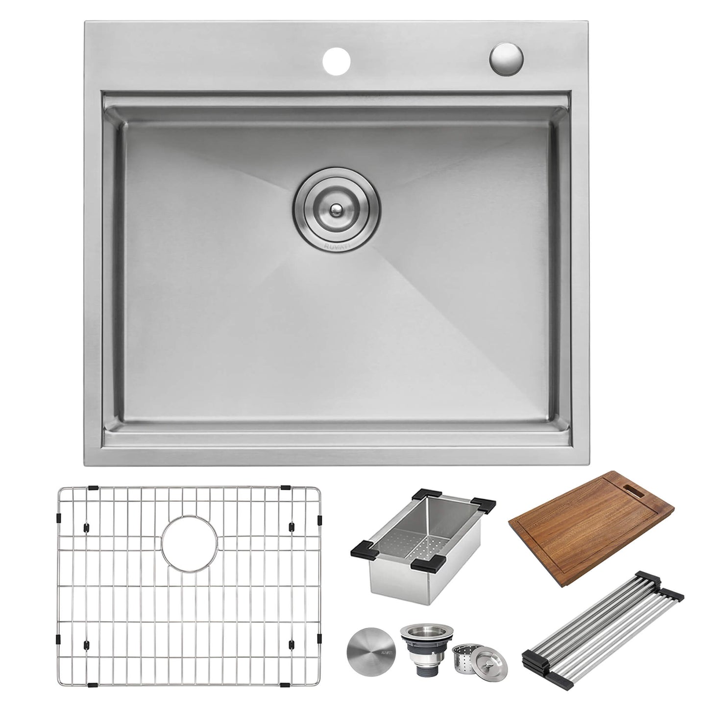 Ruvati 25 x 22 inch Workstation Drop-in Topmount 16 Gauge Stainless Steel Rounded Corners Ledge Kitchen Sink Single Bowl - RVH8023