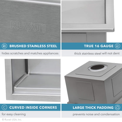 Ruvati 25 x 22 inch Workstation Drop-in Topmount 16 Gauge Stainless Steel Rounded Corners Ledge Kitchen Sink Single Bowl - RVH8023