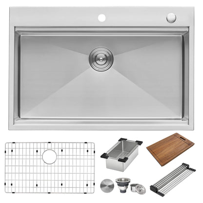 Ruvati 30 x 22 inch Workstation Drop-in Topmount Rounded Corners 16 Gauge Ledge Stainless Steel Kitchen Sink Single Bowl - RVH8030