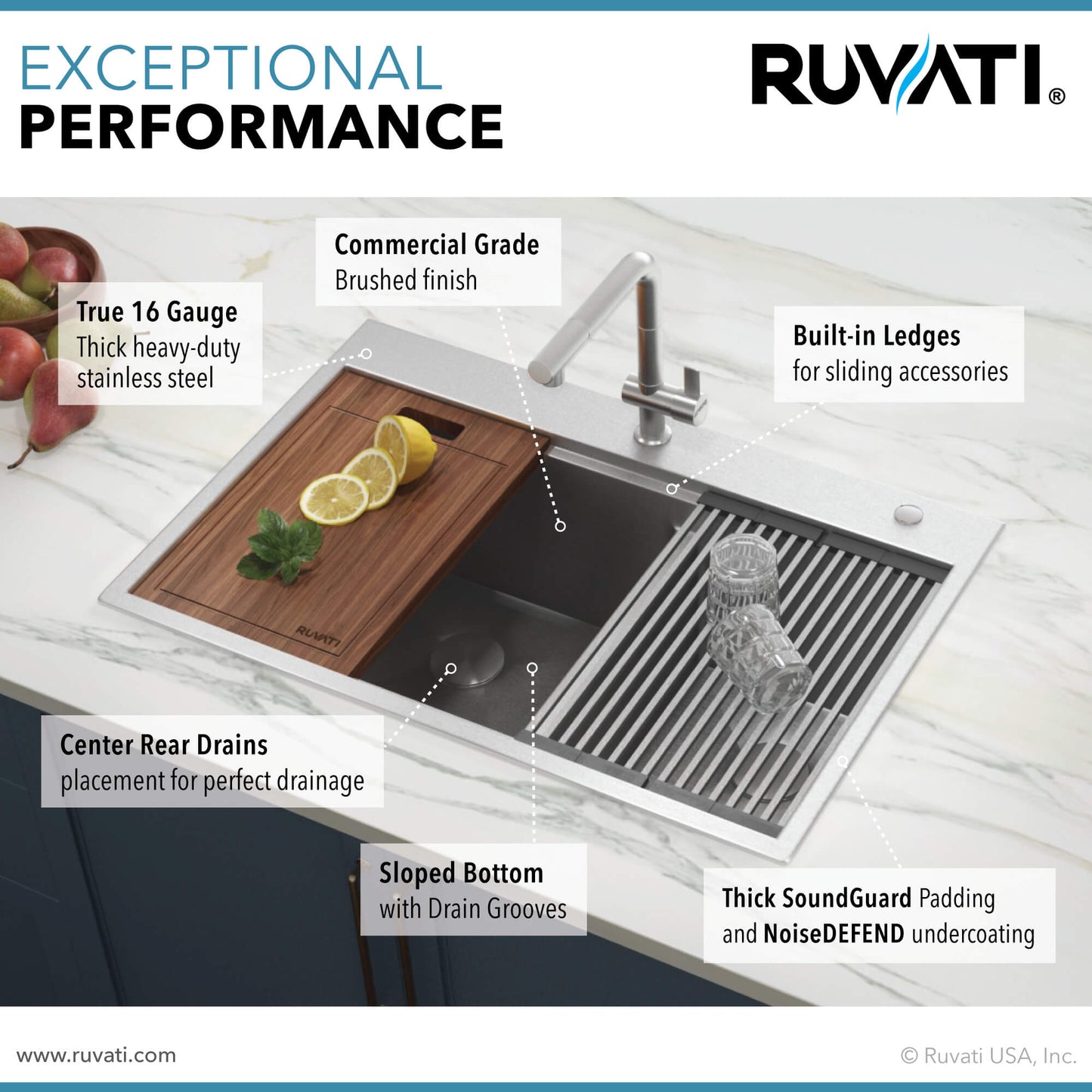 Ruvati 33 x 22 inch Workstation Drop-in 60/40 Double Bowl Topmount Rounded Corners 16 Gauge Stainless Steel Ledge Kitchen Sink - RVH8035