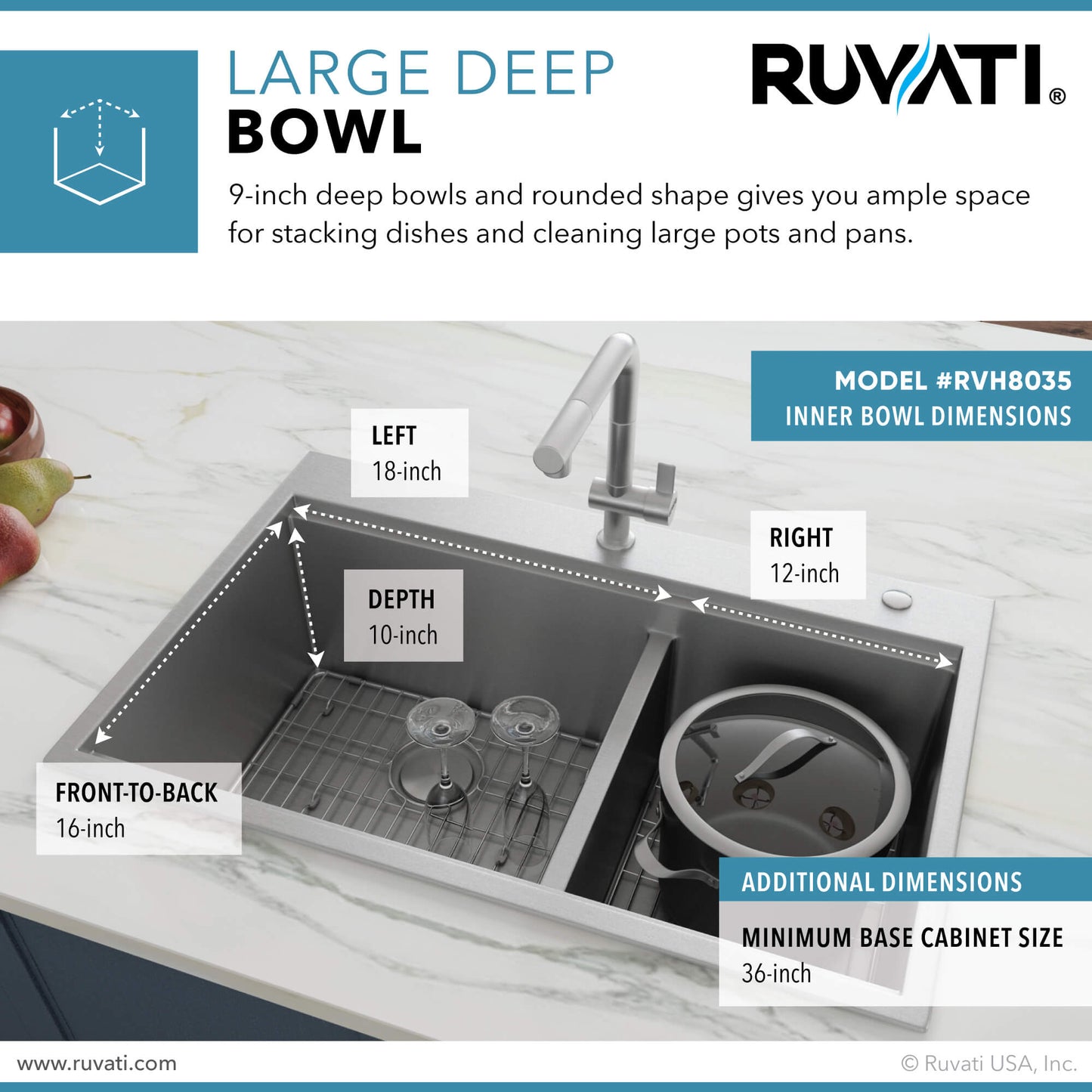 Ruvati 33 x 22 inch Workstation Drop-in 60/40 Double Bowl Topmount Rounded Corners 16 Gauge Stainless Steel Ledge Kitchen Sink - RVH8035