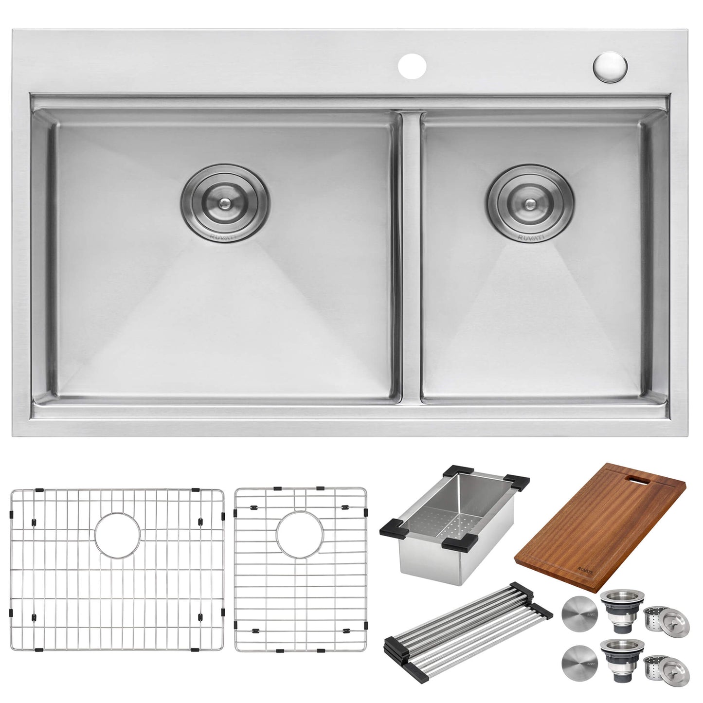 Ruvati 33 x 22 inch Workstation Drop-in 60/40 Double Bowl Topmount Rounded Corners 16 Gauge Stainless Steel Ledge Kitchen Sink - RVH8035