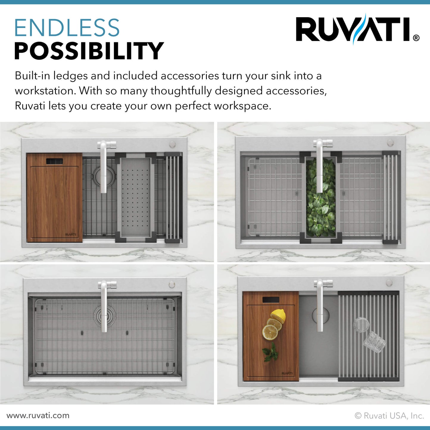 Ruvati 33 x 22 inch Workstation Drop-in 60/40 Double Bowl Topmount Rounded Corners 16 Gauge Stainless Steel Ledge Kitchen Sink - RVH8035