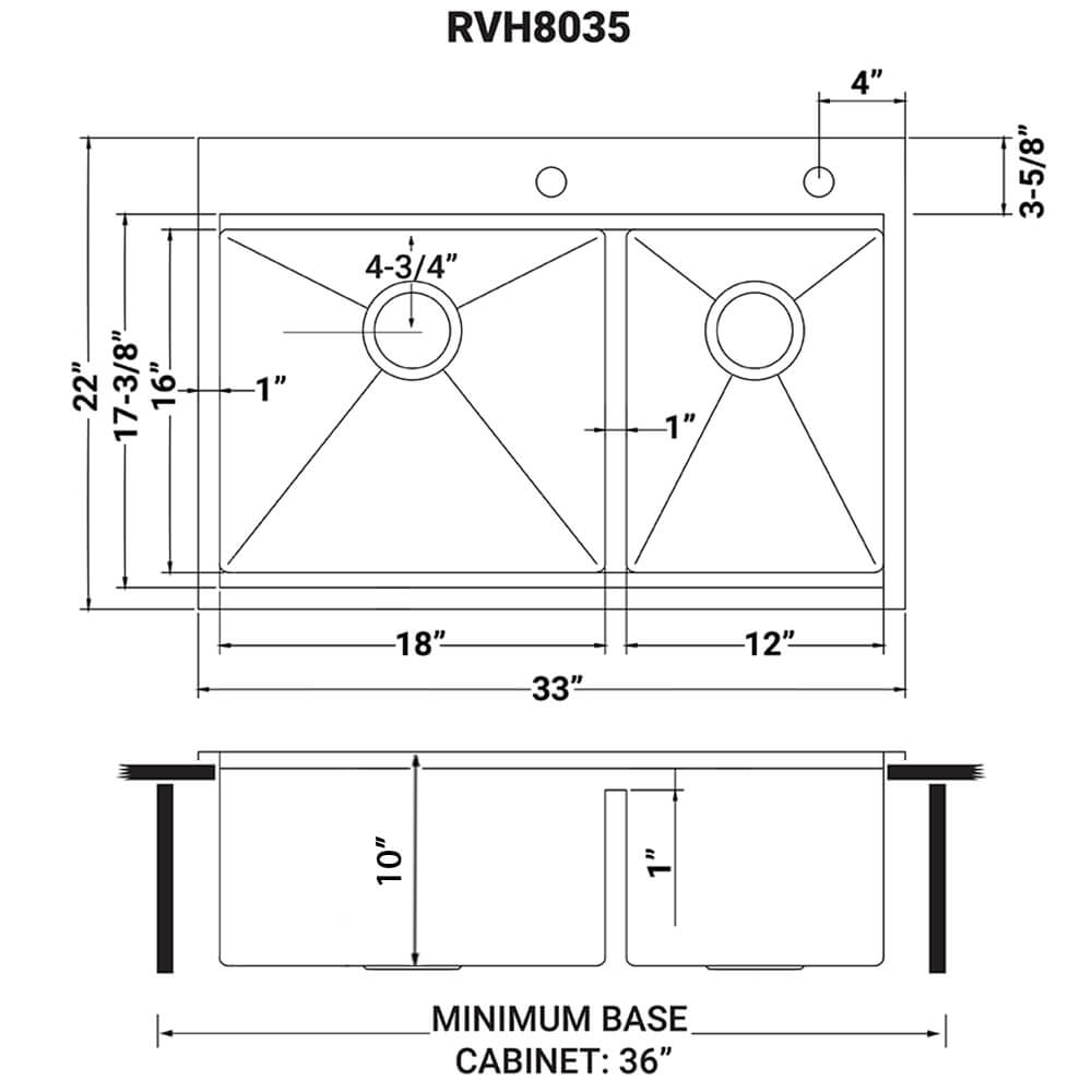 Ruvati 33 x 22 inch Workstation Drop-in 60/40 Double Bowl Topmount Rounded Corners 16 Gauge Stainless Steel Ledge Kitchen Sink - RVH8035