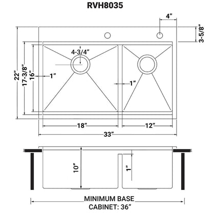 Ruvati 33 x 22 inch Workstation Drop-in 60/40 Double Bowl Topmount Rounded Corners 16 Gauge Stainless Steel Ledge Kitchen Sink - RVH8035