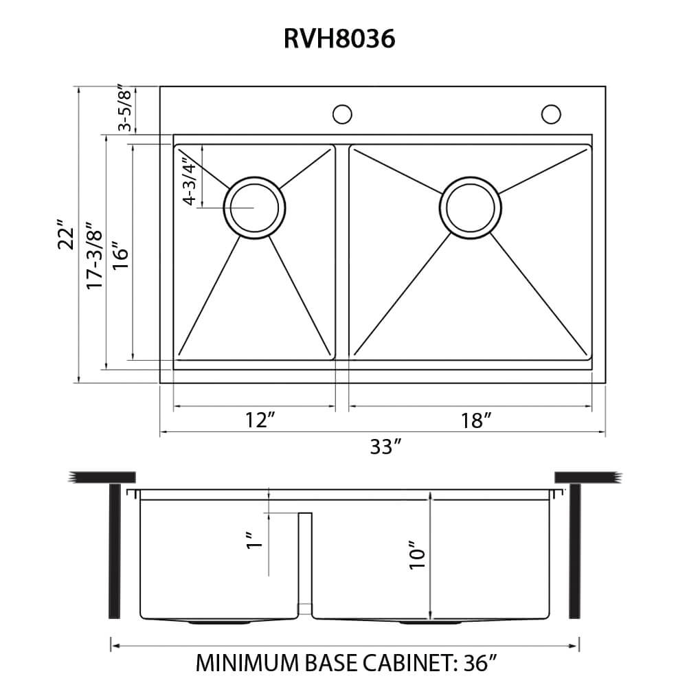 Ruvati 33 x 22 inch Workstation Drop-in 40/60 Double Bowl Topmount Rounded Corners Kitchen Sink - RVH8036