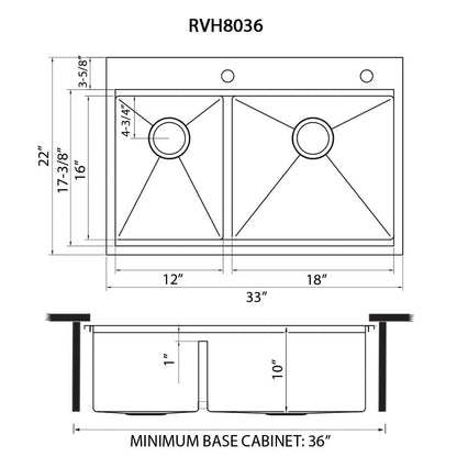 Ruvati 33 x 22 inch Workstation Drop-in 40/60 Double Bowl Topmount Rounded Corners Kitchen Sink - RVH8036