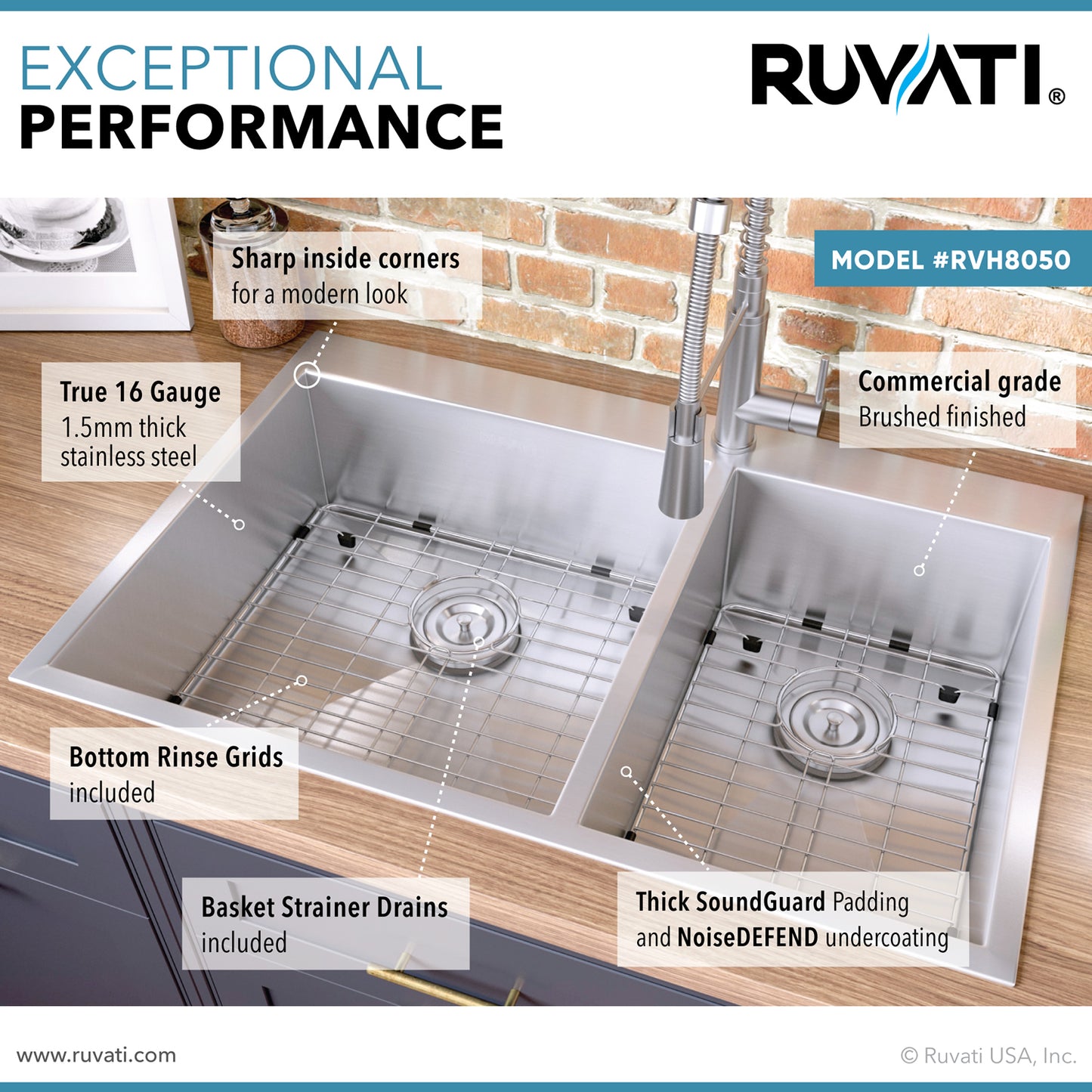 Ruvati 33 x 22 inch Drop-in 60/40 Double Bowl 16 Gauge Zero Radius Topmount Stainless Steel Kitchen Sink - RVH8050