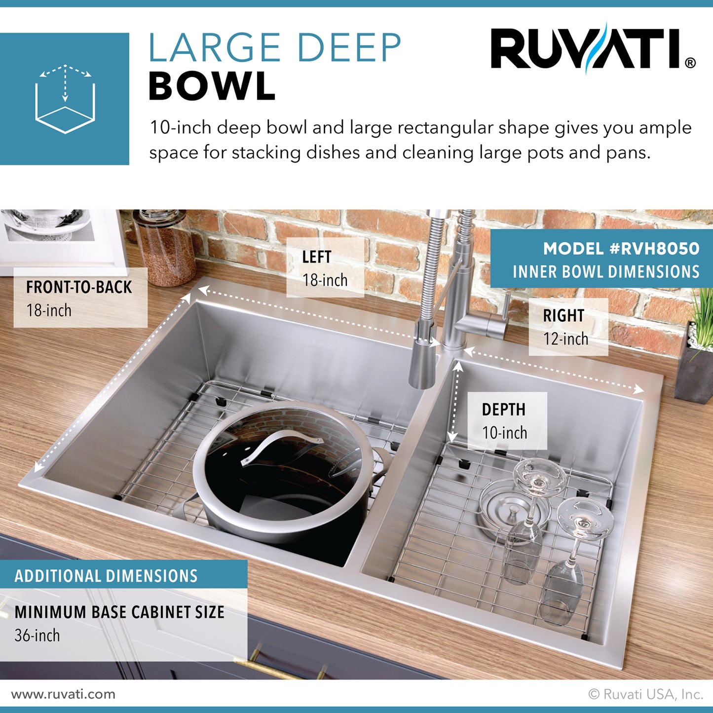 Ruvati 33 x 22 inch Drop-in 60/40 Double Bowl 16 Gauge Zero Radius Topmount Stainless Steel Kitchen Sink - RVH8050