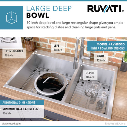 Ruvati 33 x 22 inch Drop-in 60/40 Double Bowl 16 Gauge Zero Radius Topmount Stainless Steel Kitchen Sink - RVH8050