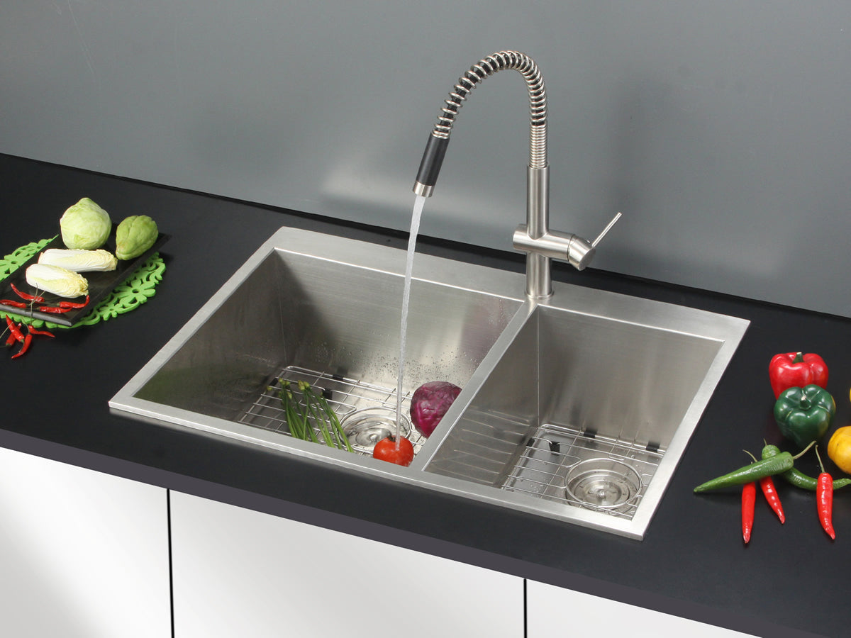 Ruvati 33 x 22 inch Drop-in 60/40 Double Bowl 16 Gauge Zero Radius Topmount Stainless Steel Kitchen Sink - RVH8050