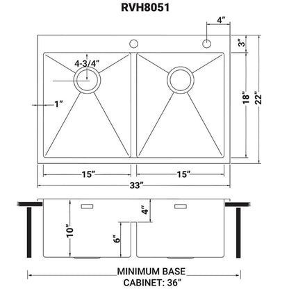 Ruvati 33 x 22 inch Drop-in 50/50 Double Bowl Rounded Corners 16 Gauge Topmount Stainless Steel Kitchen Sink - RVH8051