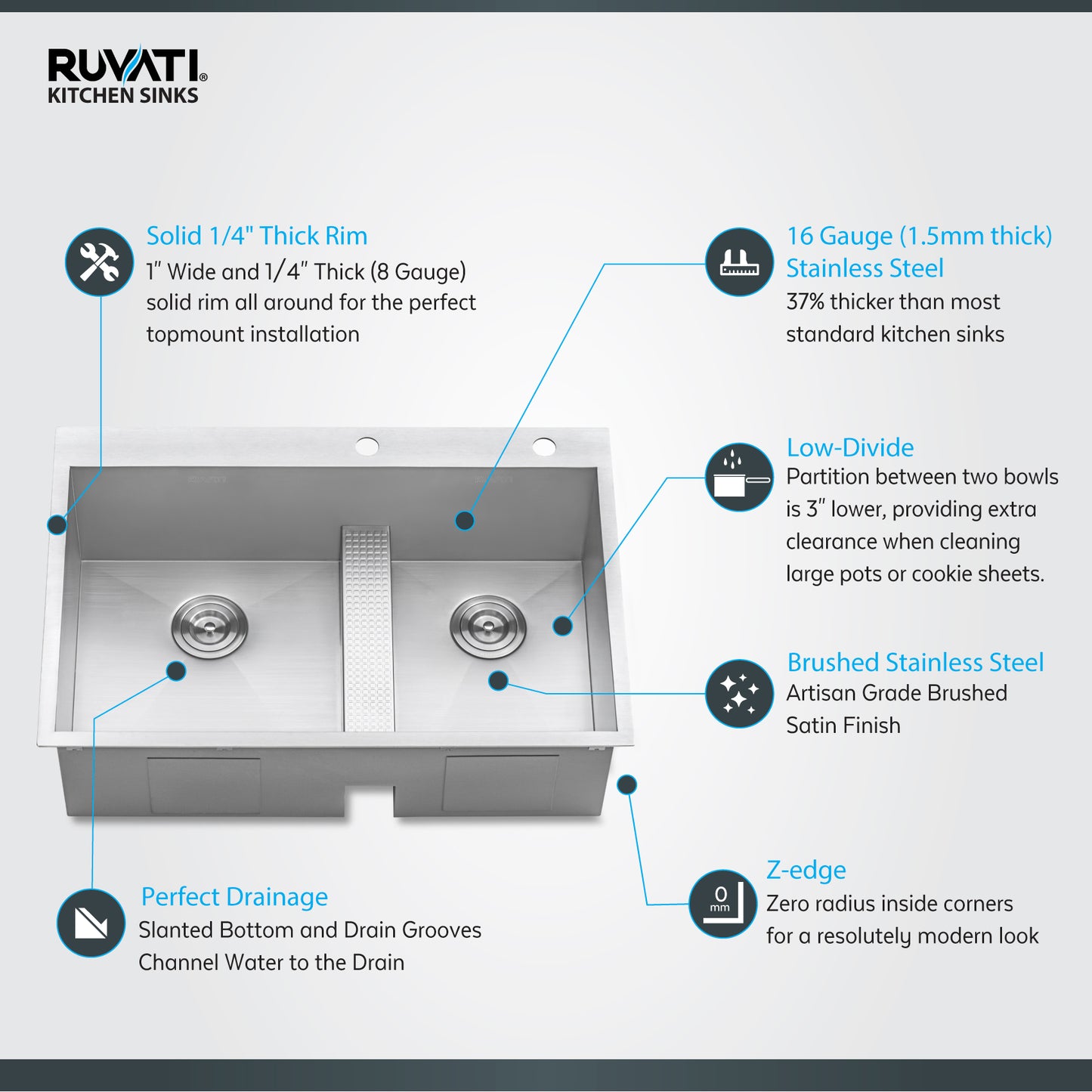 Ruvati 33-inch Drop-in Low Platform-Divide Zero Radius 60/40 Double Bowl 16 Gauge Topmount Kitchen Sink - RVH8059