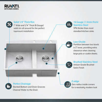 Ruvati 33-inch Drop-in Low Platform-Divide Zero Radius 60/40 Double Bowl 16 Gauge Topmount Kitchen Sink - RVH8059