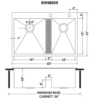 Ruvati 33-inch Drop-in Low Platform-Divide Zero Radius 60/40 Double Bowl 16 Gauge Topmount Kitchen Sink - RVH8059