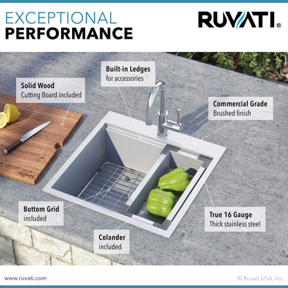 Ruvati 21 x 20 inch RV Workstation Drop-in Topmount Bar Prep Kitchen Sink 16 Gauge Stainless Steel - RVH8221