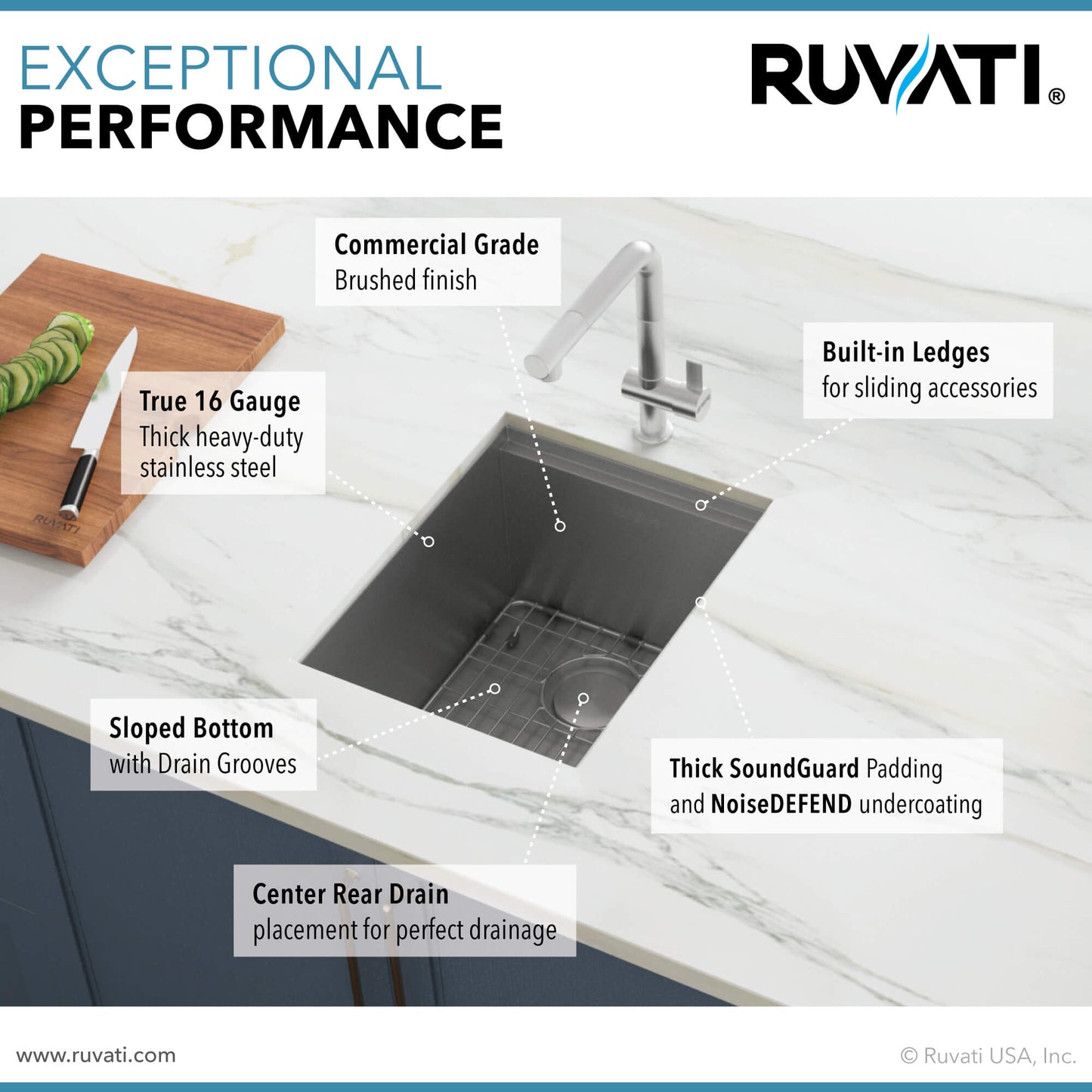 Ruvati 15" Workstation Bar Prep Sink Ledge Undermount 16 Gauge Stainless Steel Single Bowl - RVH8304