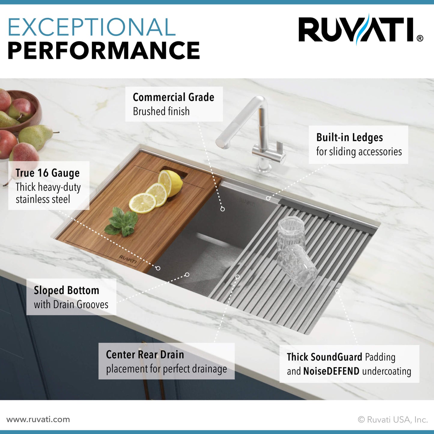 Ruvati 28-inch Workstation Ledge Undermount 16 Gauge Stainless Steel Kitchen Sink Single Bowl - RVH8309