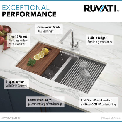 Ruvati 30-inch Workstation Ledge 50/50 Double Bowl Undermount 16 Gauge Stainless Steel Kitchen Sink - RVH8345