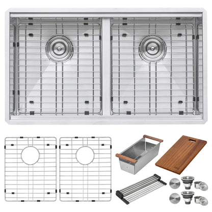 Ruvati 33-inch Workstation Ledge 50/50 Double Bowl Undermount 16 Gauge Stainless Steel Kitchen Sink - RVH8350