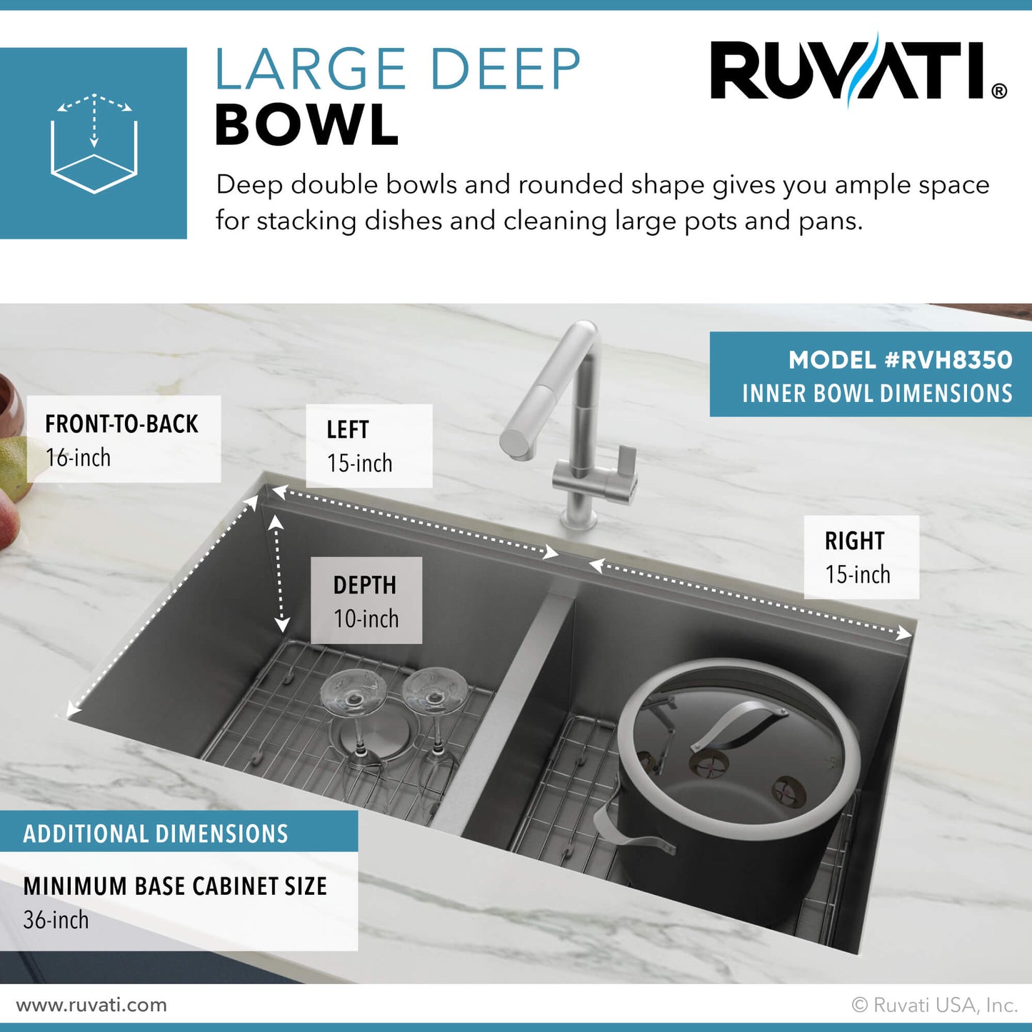 Ruvati 33-inch Workstation Ledge 50/50 Double Bowl Undermount 16 Gauge Stainless Steel Kitchen Sink - RVH8350